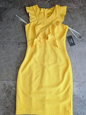 GUESS Bright Yellow Eyelet Ruffle Midi Dress